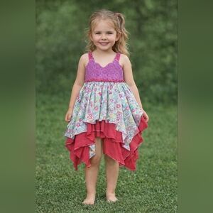 Flit & Flitter Floral Pink& White Boho Hankerchief Dress Sz 4 #1612